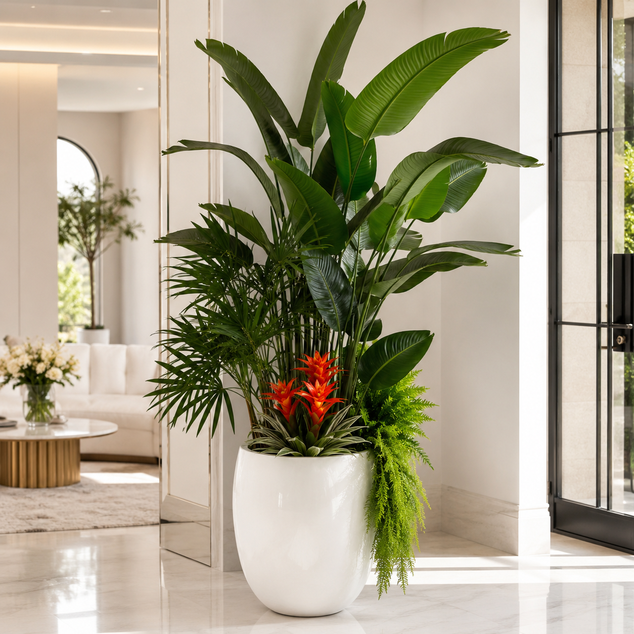 Tropical Plants in White Lacquered Planter for stylish interiors | Avenmoss