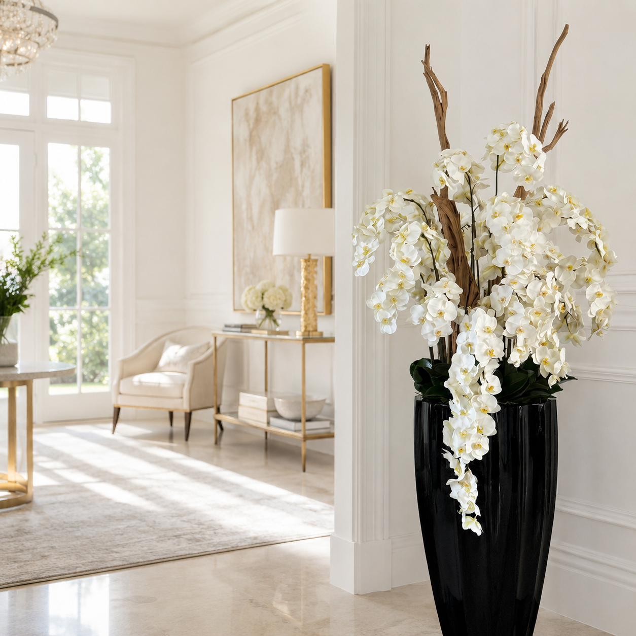 Cascading White Orchids in San José Black Lacquered Planter for stylish interiors | Avenmoss