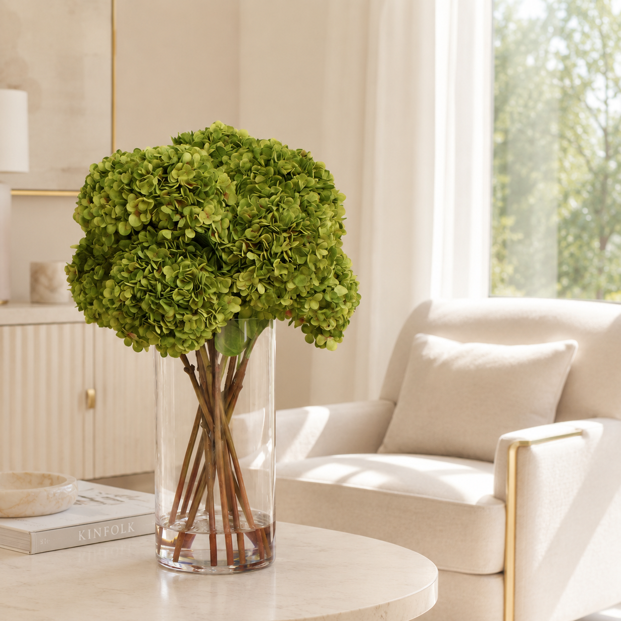 Green Hydrangea Arrangement in Tall Glass Cylinder for stylish interiors | Avenmoss