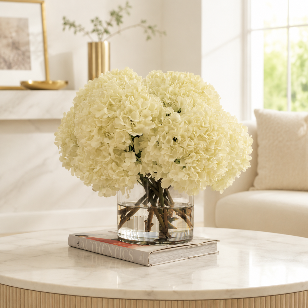 White Hydrangea Arrangement in Clear Glass Cylinder for stylish interiors | Avenmoss
