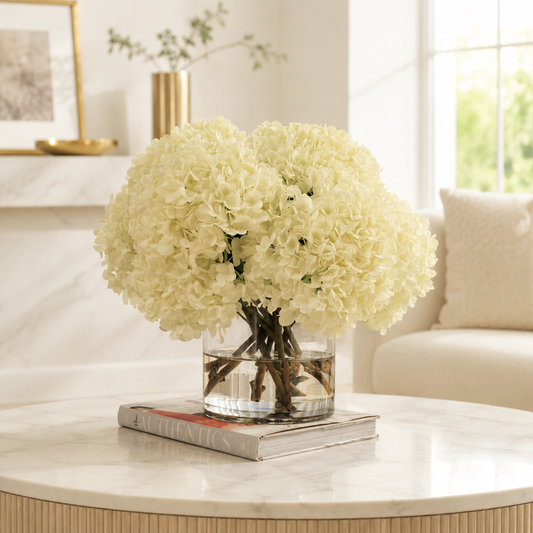 White Hydrangea Arrangement in Clear Glass Cylinder for stylish interiors | Avenmoss
