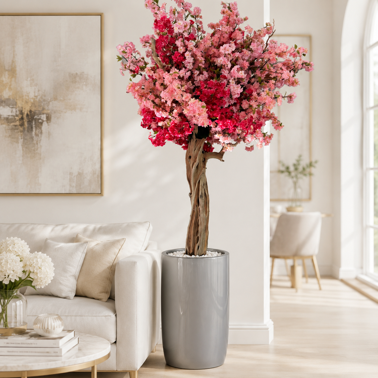Pink Tricolour Cherry Blossom Tree in Shiny Silver Lisboa Planter for stylish interiors | Avenmoss