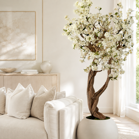 White Cherry Blossom Tree in Globe Beige Matt Vase for stylish interiors | Avenmoss