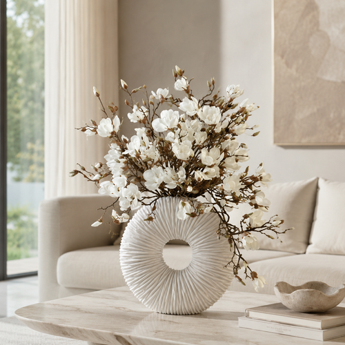 Éternité Beige Matt Vase with Magnolias and Driftwood for stylish interiors | Avenmoss