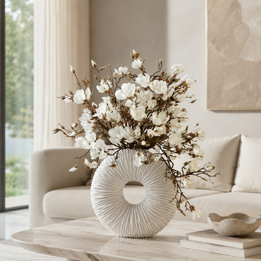 Éternité Beige Matt Vase with Magnolias and Driftwood for stylish interiors | Avenmoss