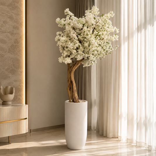 White Cherry Blossom Tree in St. Tropez Beige Matt Planter for stylish interiors | Avenmoss