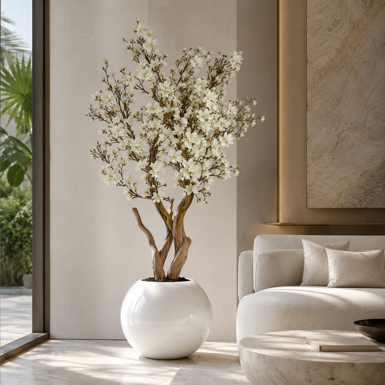 White Magnolia in Lacquered Spherical Vase for stylish interiors | Avenmoss