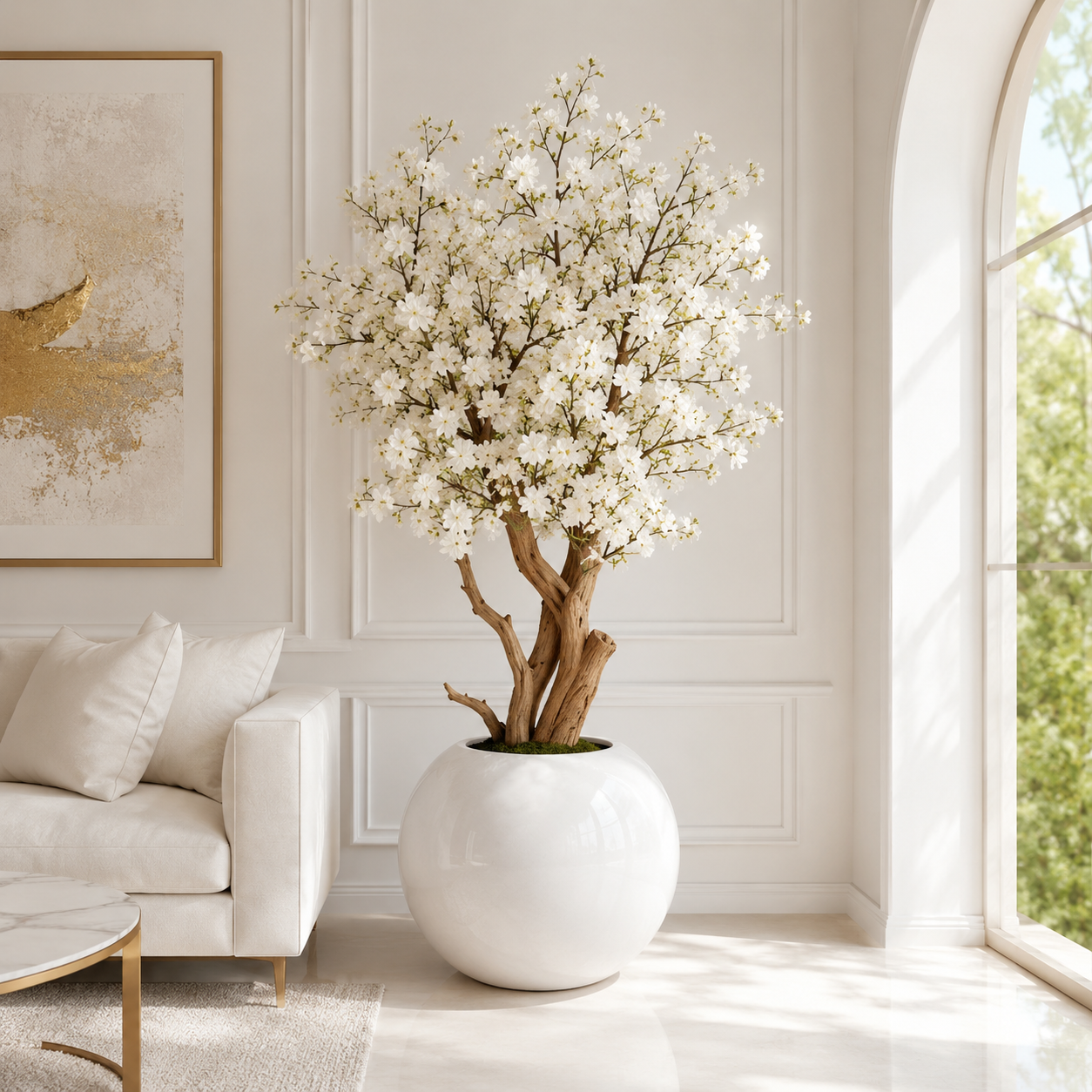 White Cherry Blossom Tree in Lacquered Spherical Vase