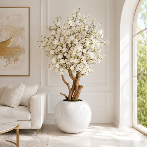 White Cherry Blossom Tree in Lacquered Spherical Vase for stylish interiors | Avenmoss