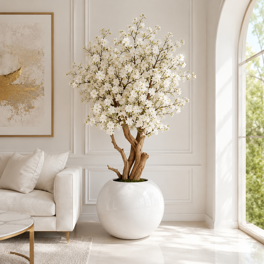 White Cherry Blossom Tree in Lacquered Spherical Vase for stylish interiors | Avenmoss