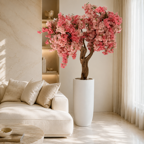 Pink Cherry Blossom Tree in White Matt Planter for stylish interiors | Avenmoss