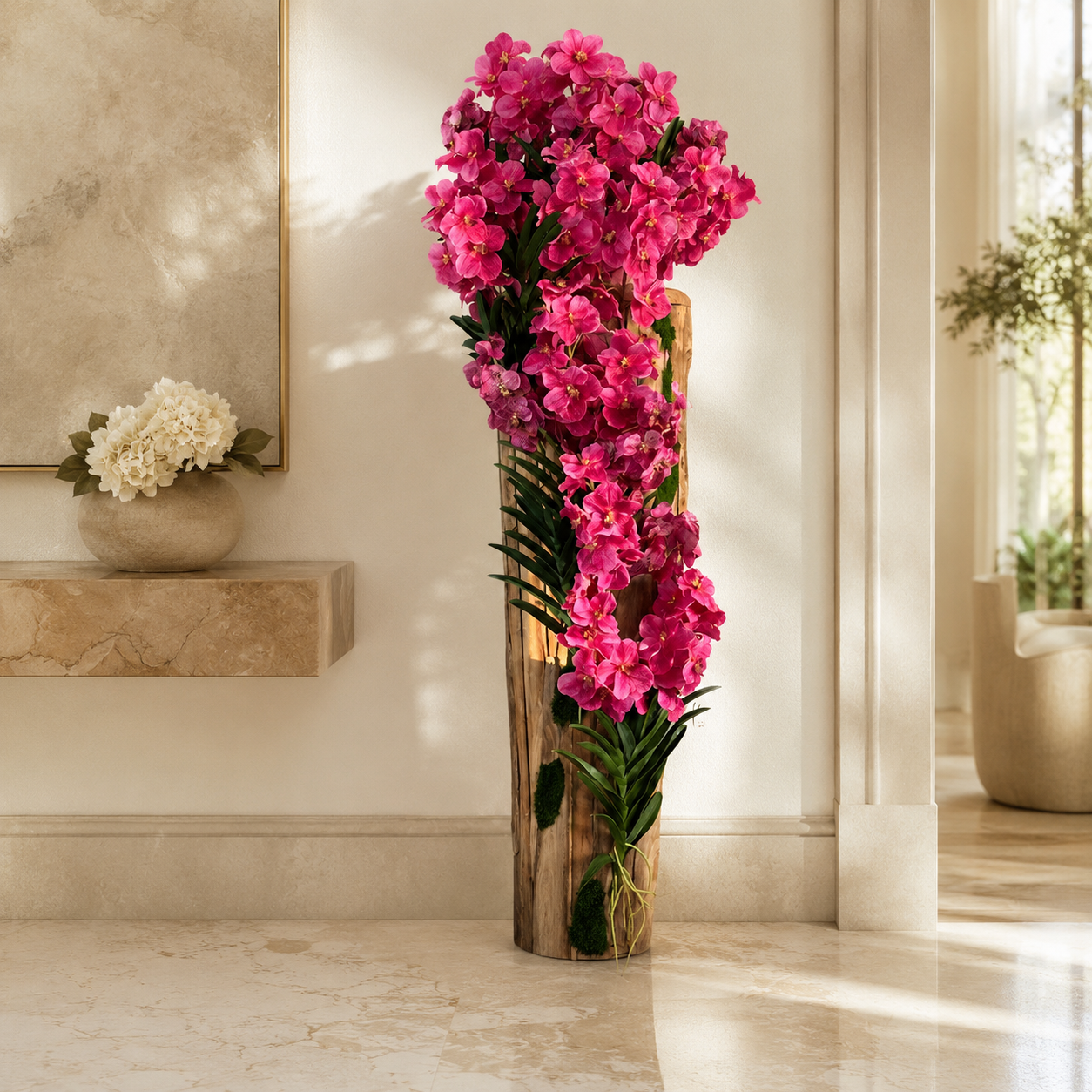 Natural-Edge Teak Vase with Pink Vanda Orchids