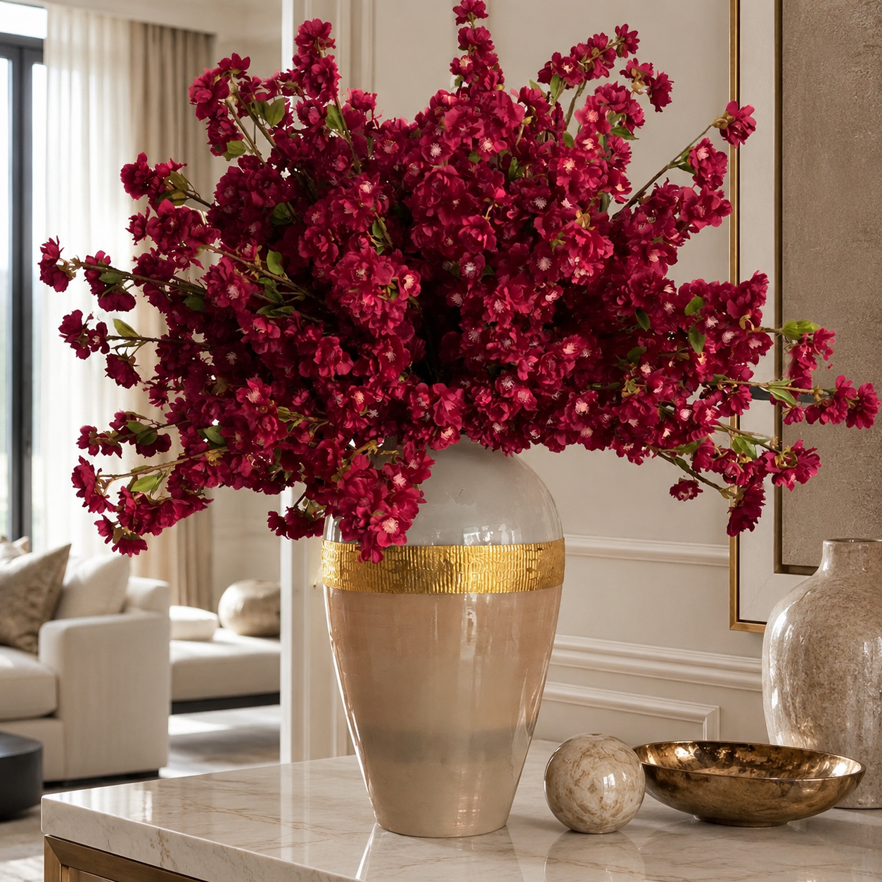 Goddess Vase with Burgundy Cherry Blossoms for stylish interiors | Avenmoss