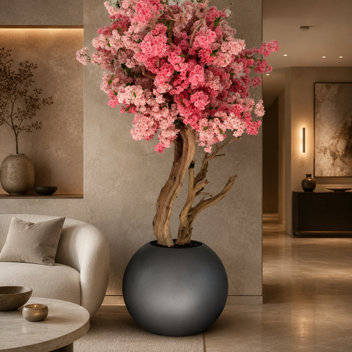 Two-Tone Cherry Blossoms in Globe Gunmetal Matt Vase for stylish interiors | Avenmoss