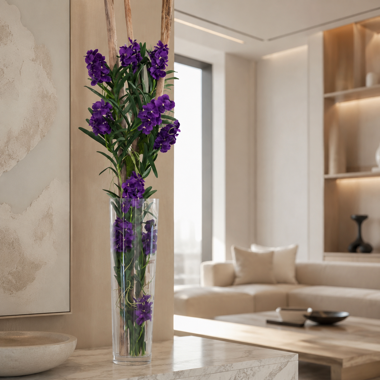 Purple Vanda Orchids with Driftwood in Large Glass Cylinder for stylish interiors | Avenmoss