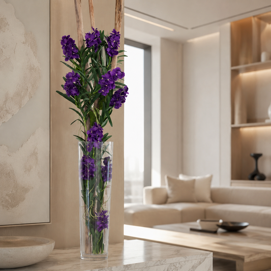 Purple Vanda Orchids with Driftwood in Large Glass Cylinder for stylish interiors | Avenmoss