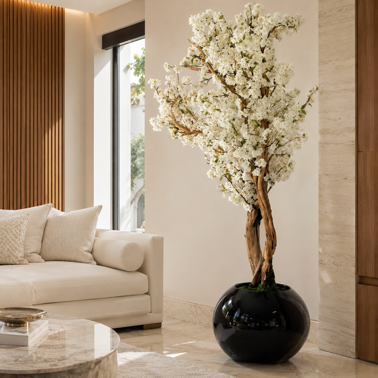 White Cherry Blossom Tree in Globe Black Lacquered Vase for stylish interiors | Avenmoss