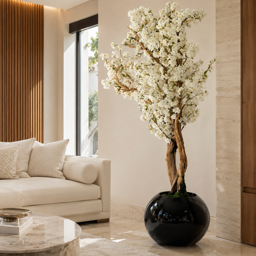 White Cherry Blossom Tree in Globe Black Lacquered Vase for stylish interiors | Avenmoss