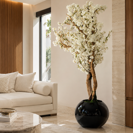 White Cherry Blossom Tree in Globe Black Lacquered Vase for stylish interiors | Avenmoss