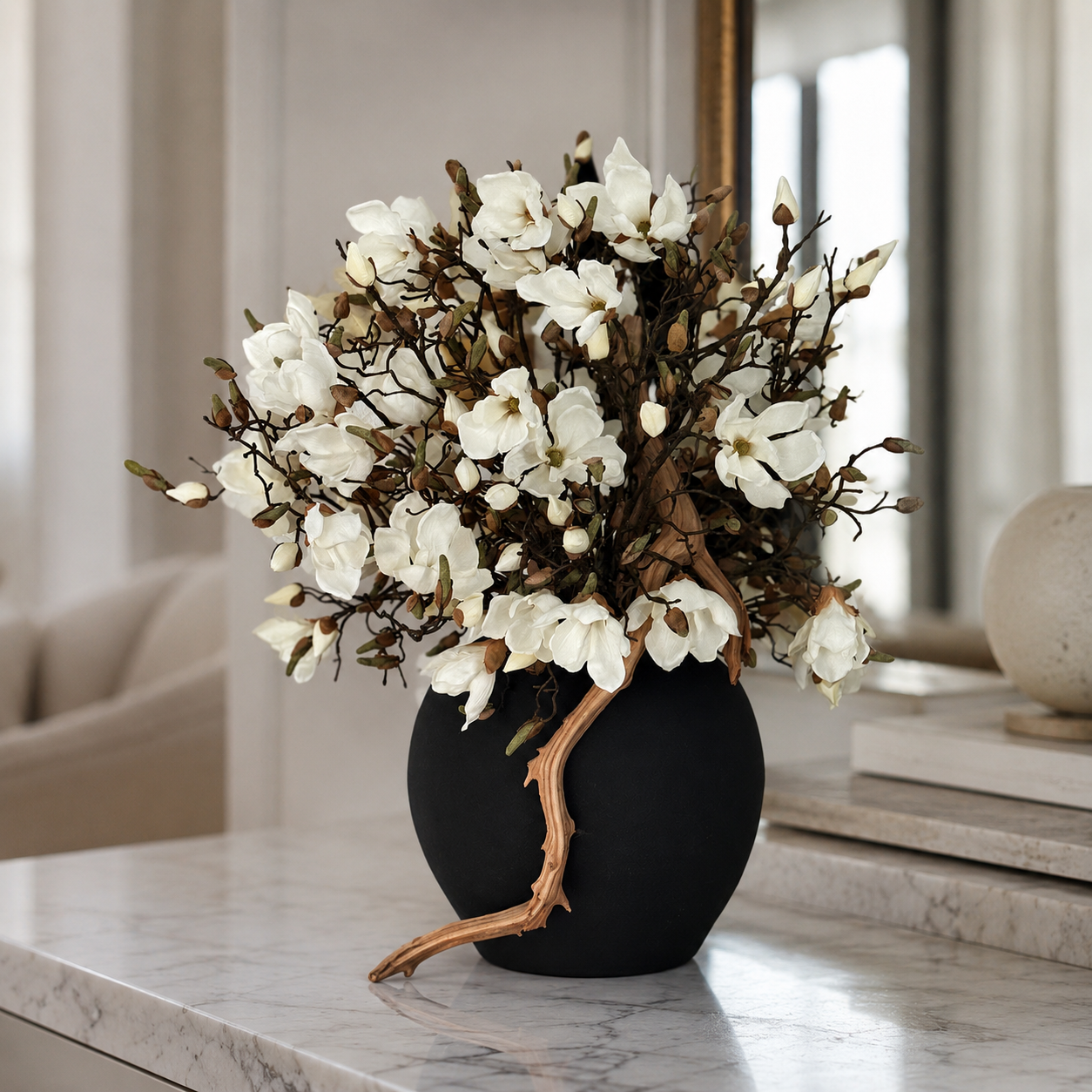 White Magnolias in Konos Black Matt Vase