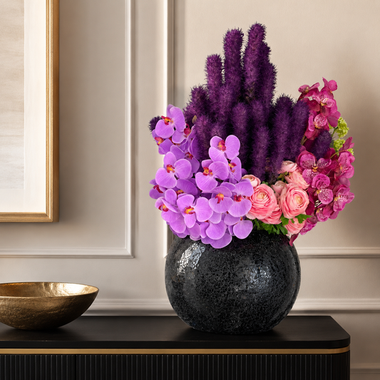 Black Mosaic Vase with Liatris and Orchids for stylish interiors | Avenmoss