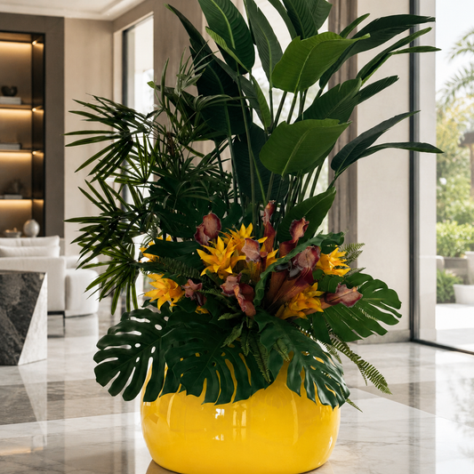 Tropical Plants in Globe Saffron Yellow Vase for stylish interiors | Avenmoss