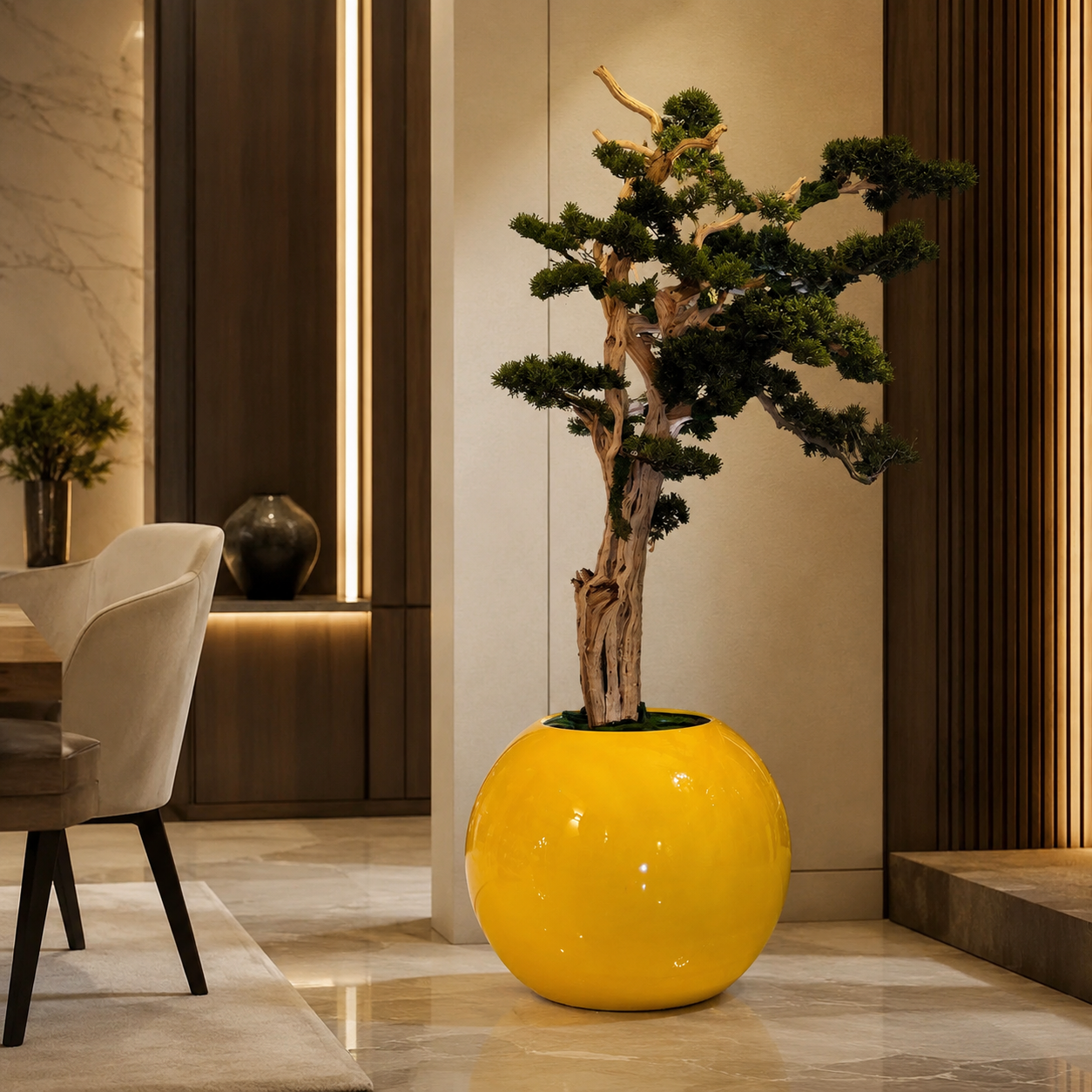 Trailing Bonsai in Globe Saffron Yellow Vase
