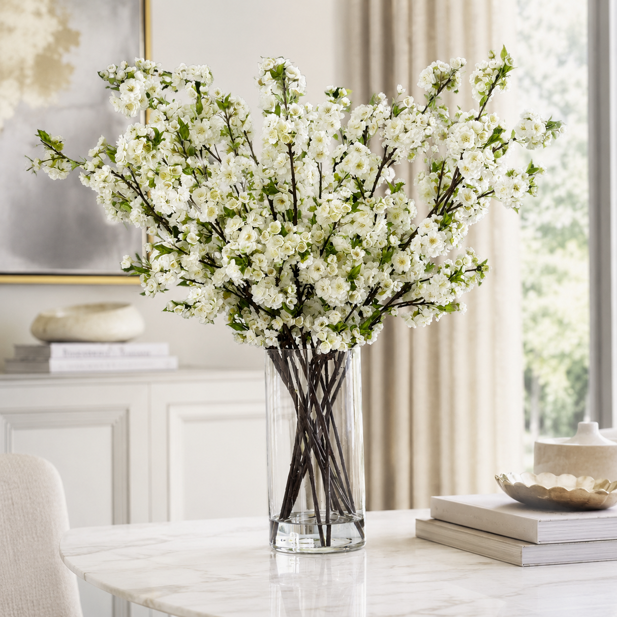White Cherry Blossoms in Glass Cylinder for stylish interiors | Avenmoss