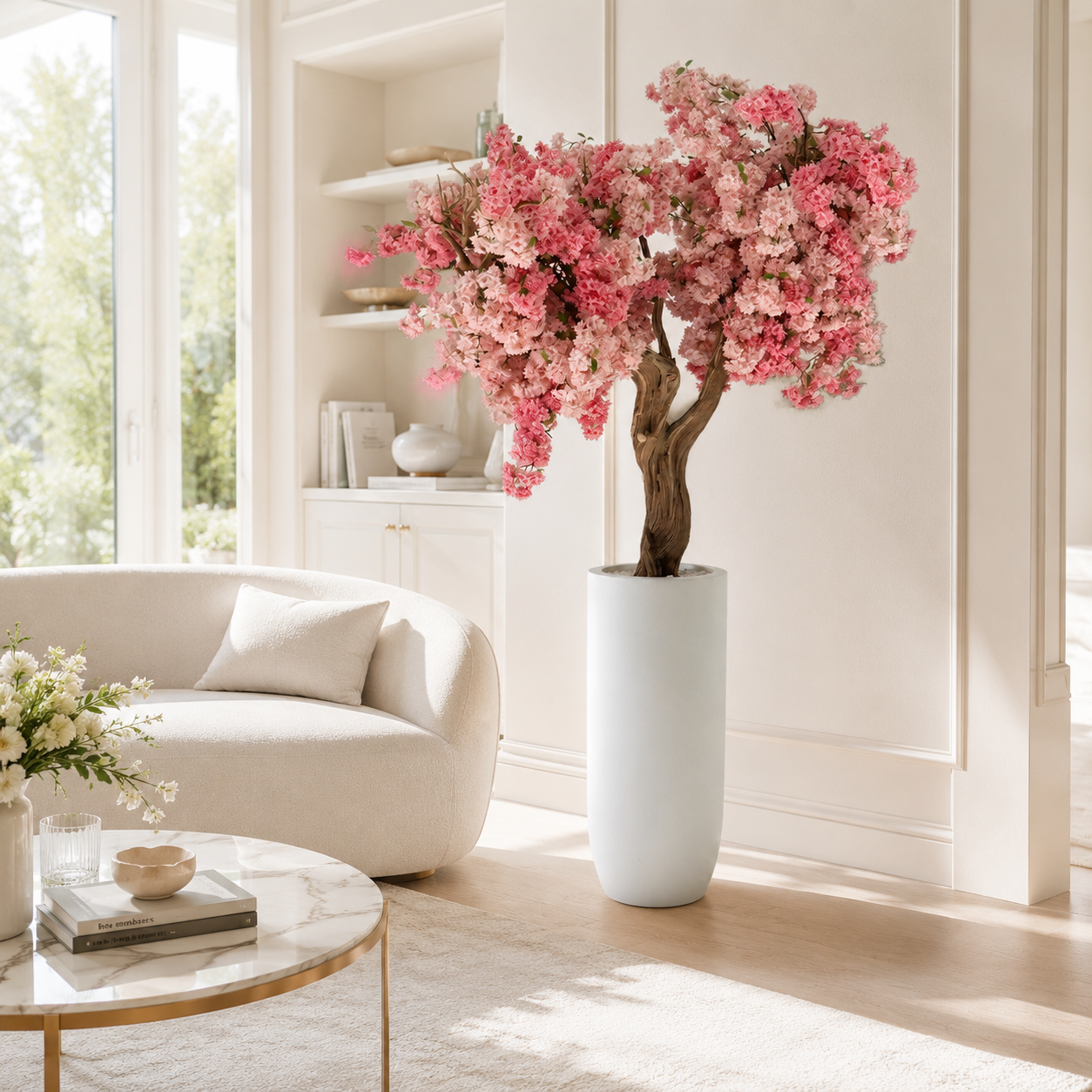 Pink Cherry Blossom Tree in St. Tropez White Matt Planter for stylish interiors | Avenmoss