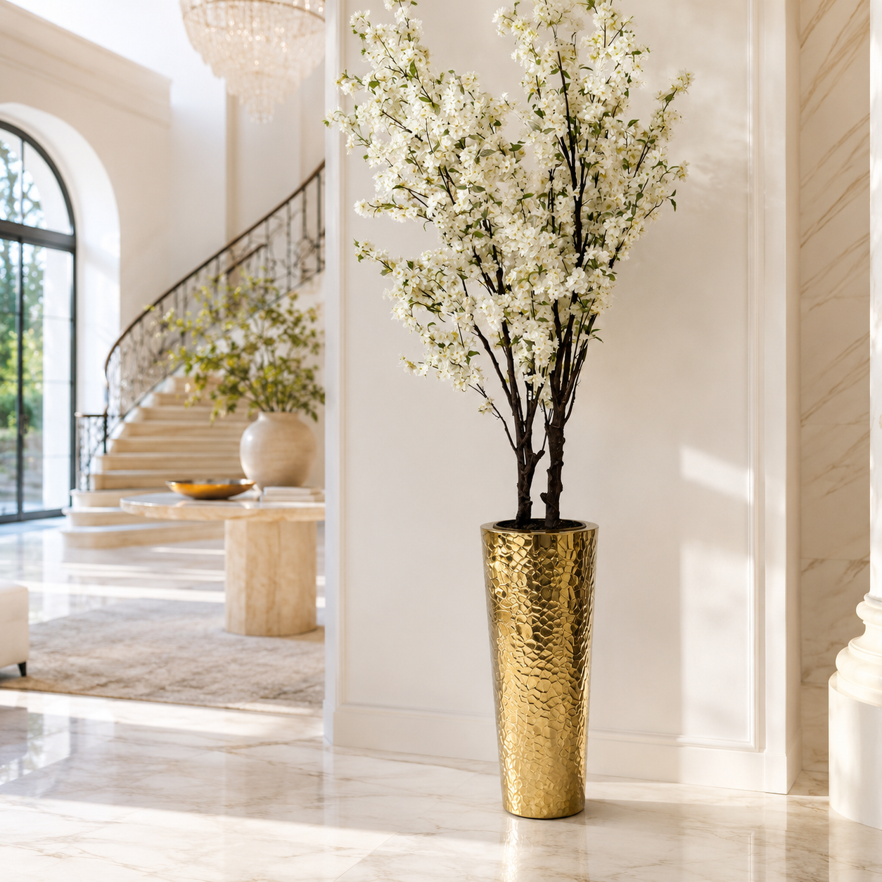 Flowering Cherry Blossom Tree in Hammered Gold Cone Planter for stylish interiors | Avenmoss