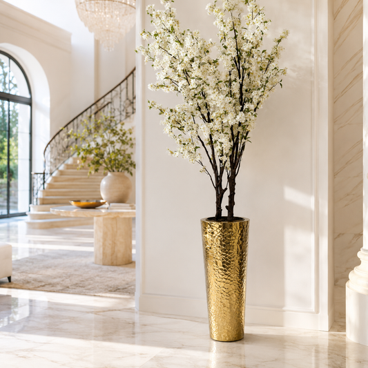 Flowering Cherry Blossom Tree in Hammered Gold Cone Planter for stylish interiors | Avenmoss