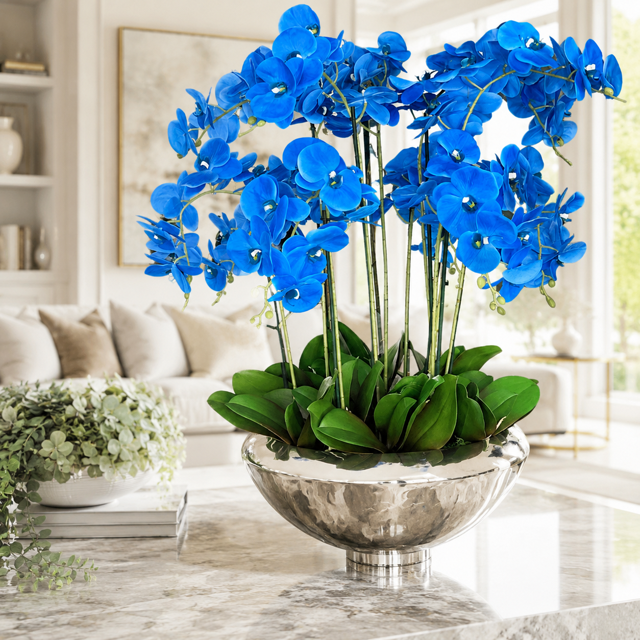 Blue Phalaenopsis Orchids in Silver Avenue Bowl for stylish interiors | Avenmoss