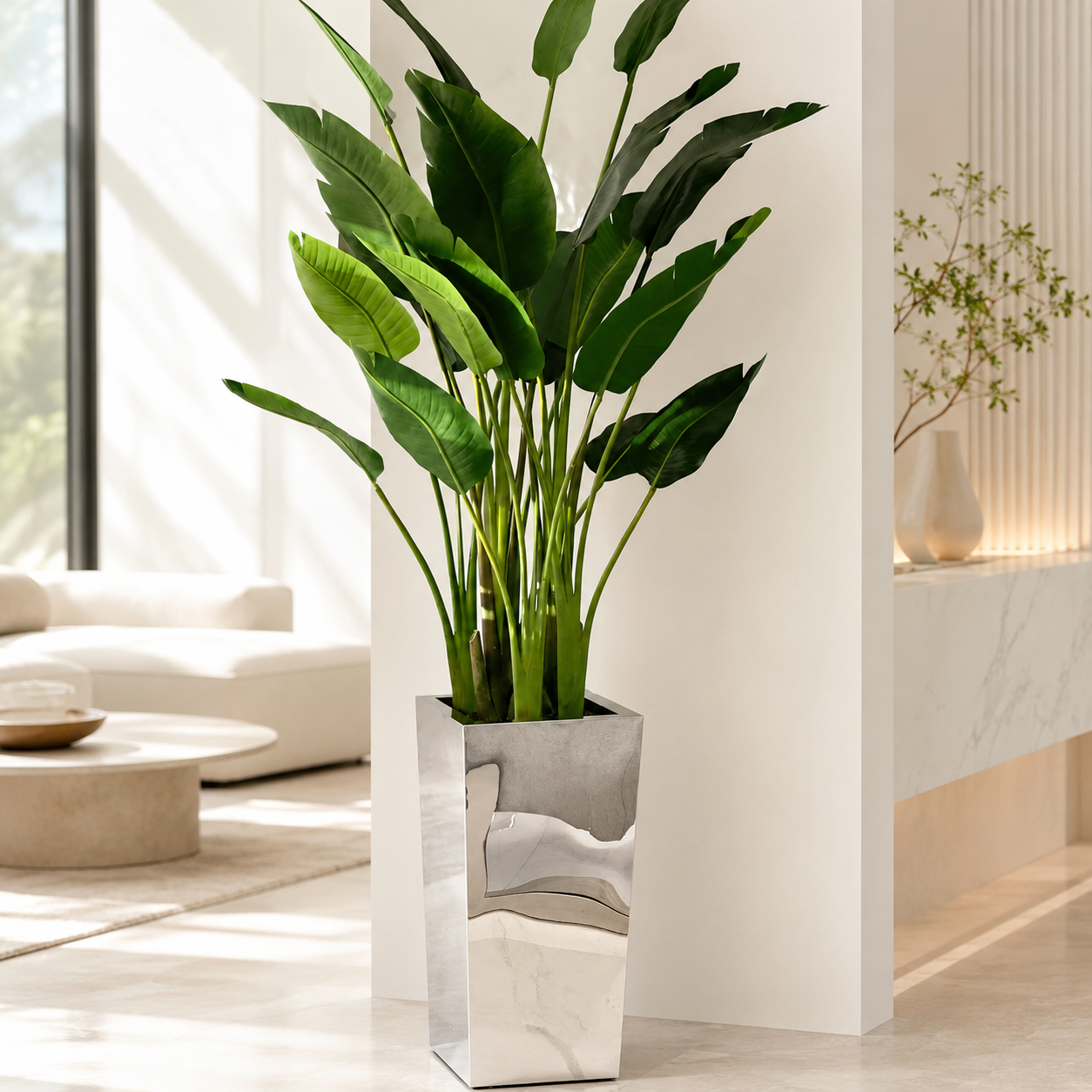 Bird of Paradise in Square Polished Stainless Steel Planter for stylish interiors | Avenmoss