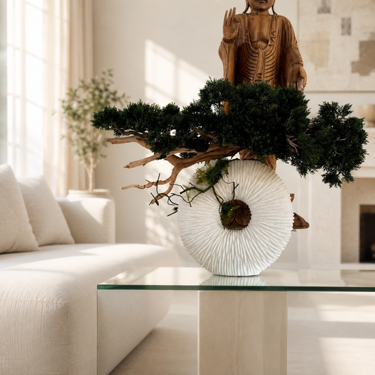Trailing Bonsai with Driftwood in Medium Éternité Beige Matt Vase for stylish interiors | Avenmoss