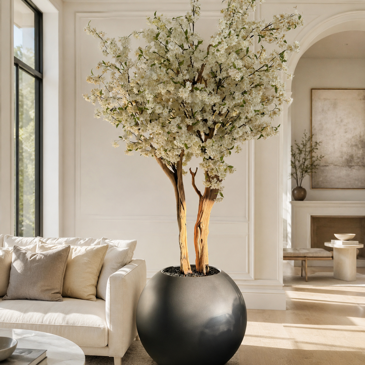 White Cherry Blossom Tree in Globe Gunmetal Matt Vase for stylish interiors | Avenmoss
