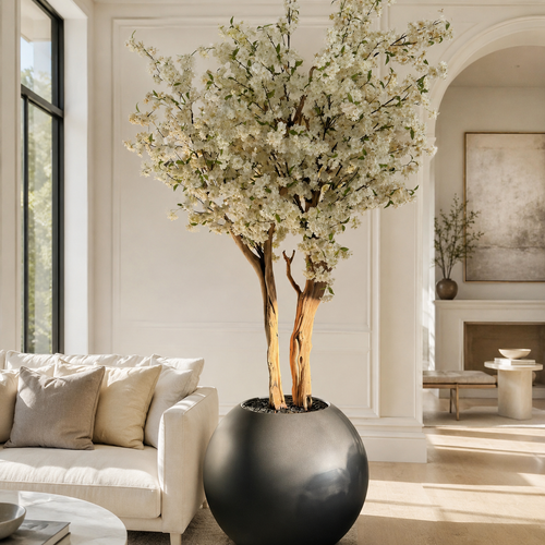 White Cherry Blossom Tree in Globe Gunmetal Matt Vase for stylish interiors | Avenmoss
