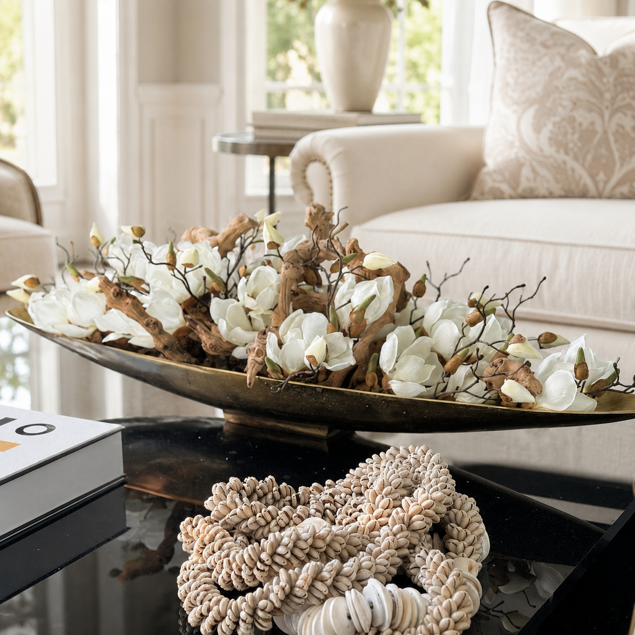 Magnolias with Driftwood in Gold Denver Boat Vase