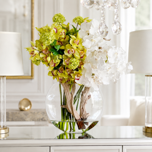 White Vanda Orchids and Green Cymbidiums in Luna Vase for stylish interiors | Avenmoss