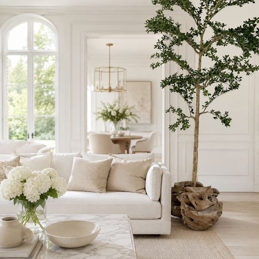 274 cm Lady Shady Tree in Carved Teak Planter for stylish interiors | Avenmoss