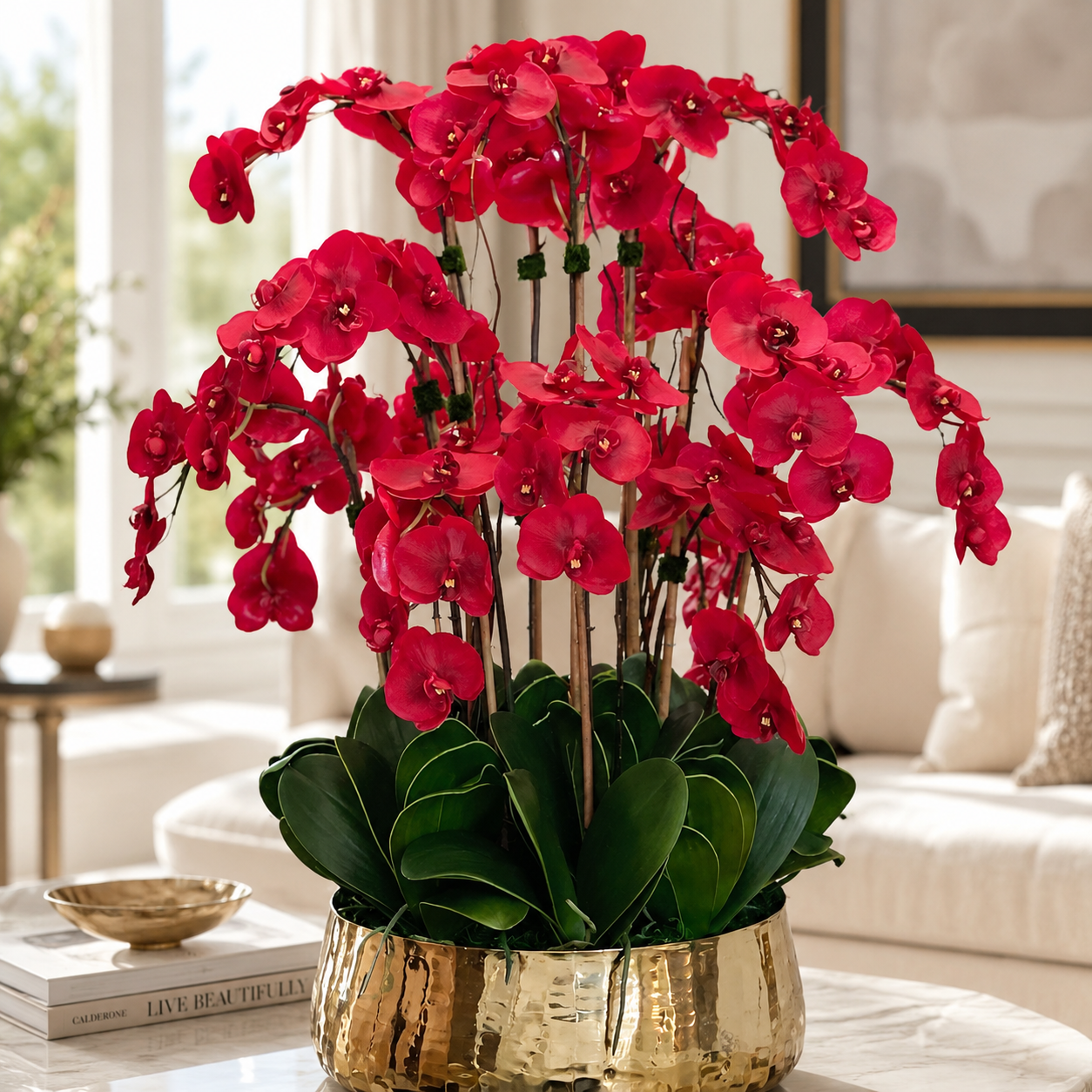 Red Phalaenopsis Orchids in Medium Gold Planter for stylish interiors | Avenmoss