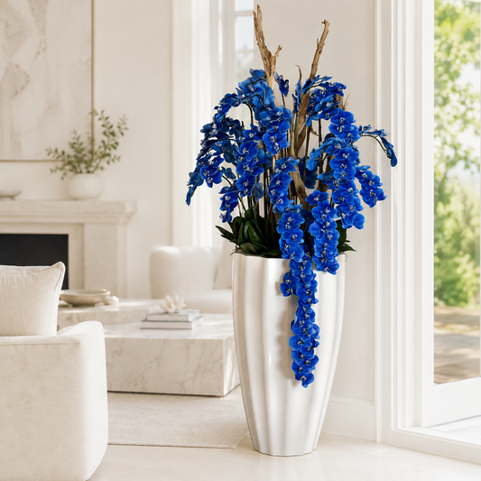Cascading Blue Orchids in White San José Planter for stylish interiors | Avenmoss