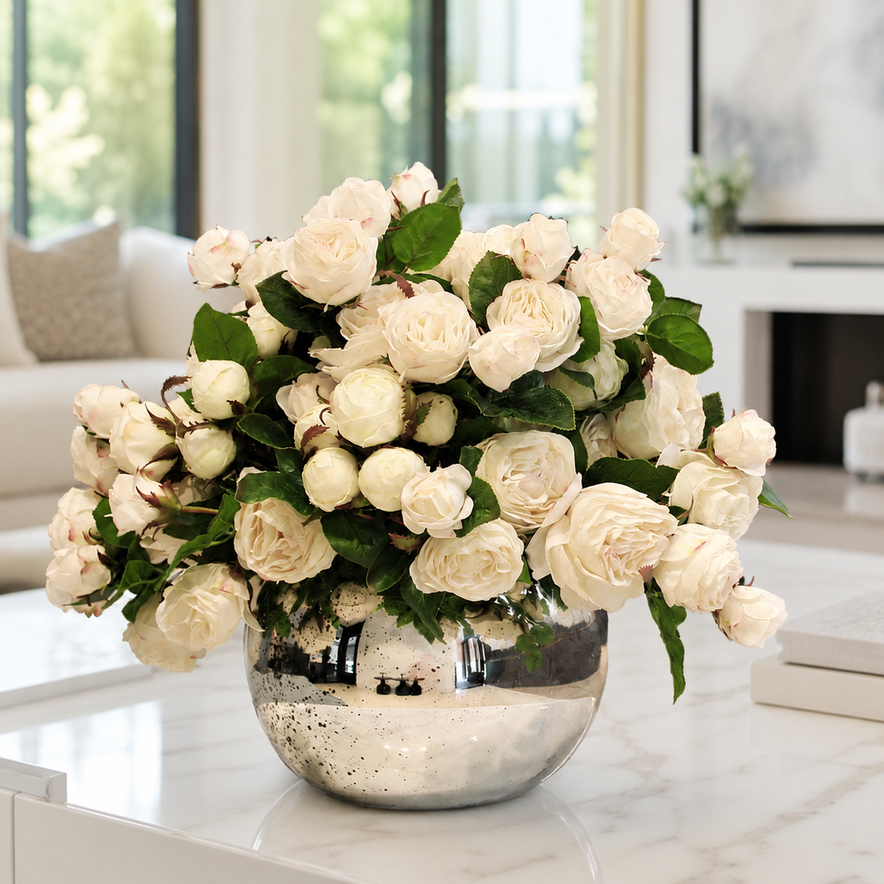 White English Roses in Mercury Glass Bowl for stylish interiors | Avenmoss