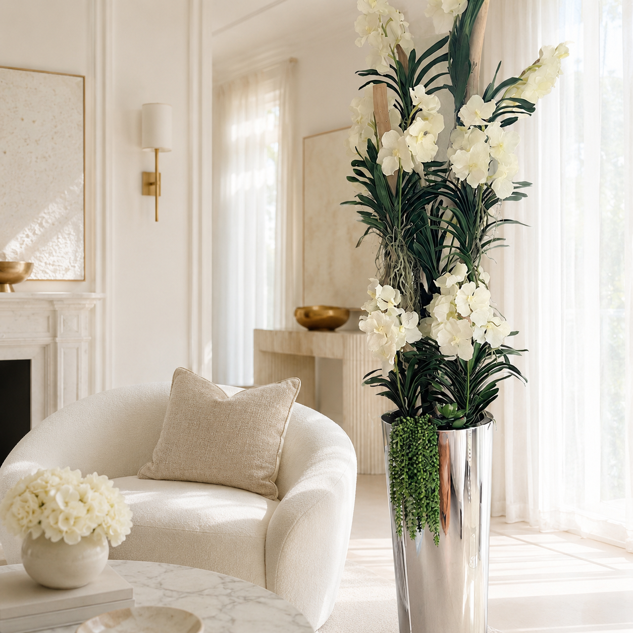 White Vanda Orchids in Polished Stainless Steel Cone for stylish interiors | Avenmoss