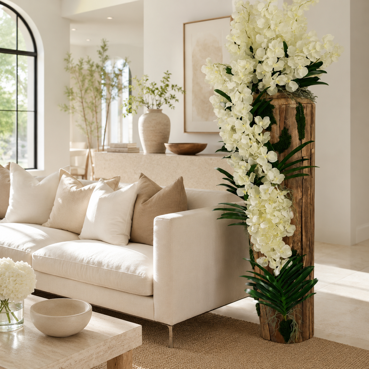 Natural-Edge Teak Vase with White Vanda Orchids for stylish interiors | Avenmoss