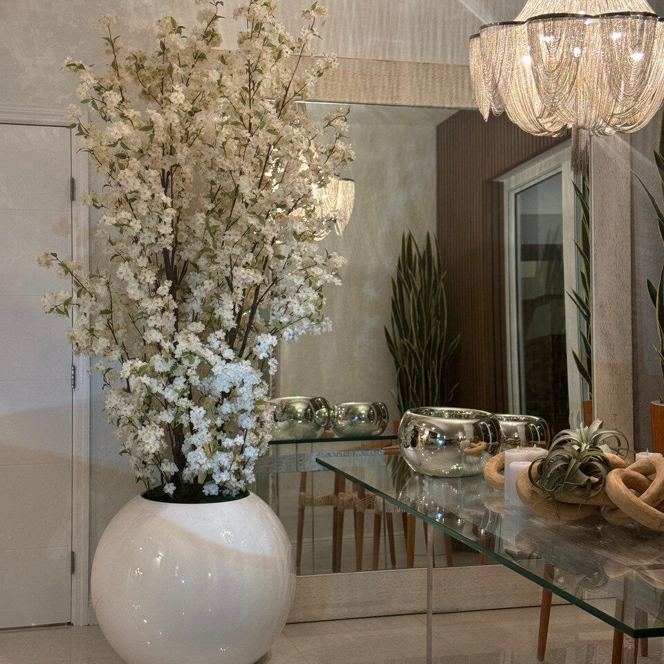 White Cherry Blossom Branches in Globe White Lacquered Vase for stylish interiors | Avenmoss