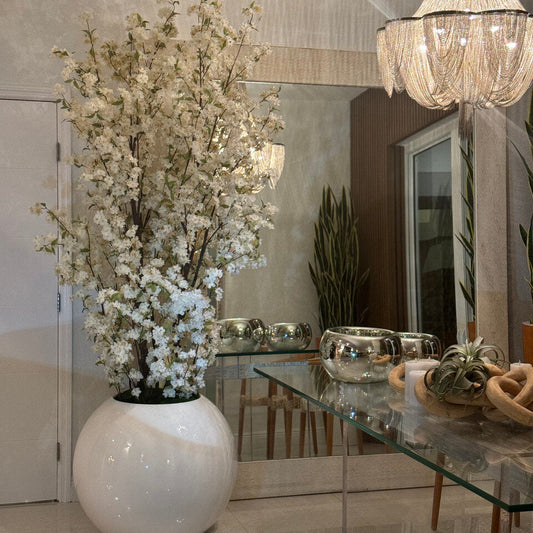 White Cherry Blossom Branches in Globe White Lacquered Vase for stylish interiors | Avenmoss